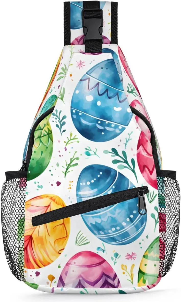 Crossbody Sling Bags for Women Men Easter Egg Watercolor Colorful Fanny Pack Shoulder Bag Waterproof Anti Theft Chest Bag Running Hiking Athletic Trainer Travel Camping Outdoor Casual Crossbody Bags