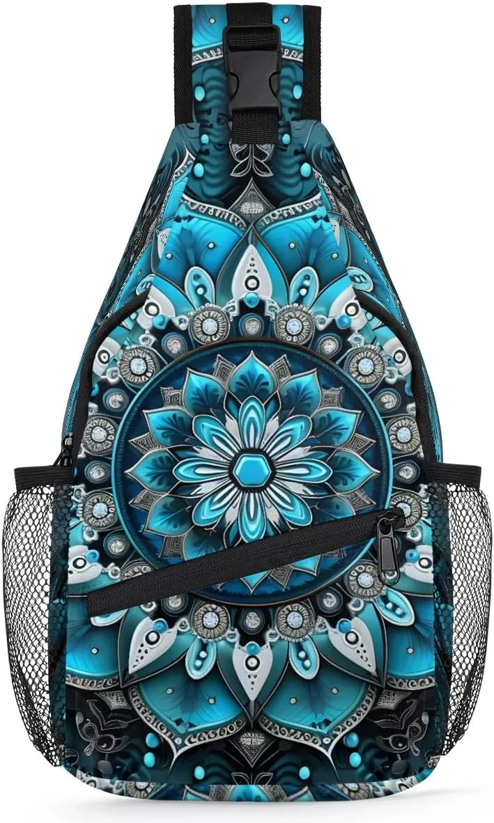 Crossbody Sling Bags for Women Men Ethnic Blue Texture Fanny Pack Shoulder Bag Waterproof Anti Theft Bulk Chest Bag Running Hiking Athletic Trainer Travel Camping Outdoor Casual Crossbody Bags
