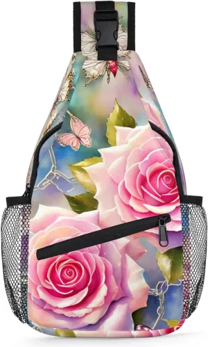 Crossbody Sling Bags for Women Men Watercolor Rose Flower Fanny Pack Shoulder Bag Waterproof Anti Theft Bulk Chest Bag Running Hiking Athletic Trainer Travel Camping Outdoor Casual Crossbody Bags