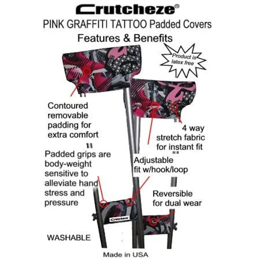CRUTCHEZE CRUTCH PADDED COVERS - PINK GRAFFITI TATTOO