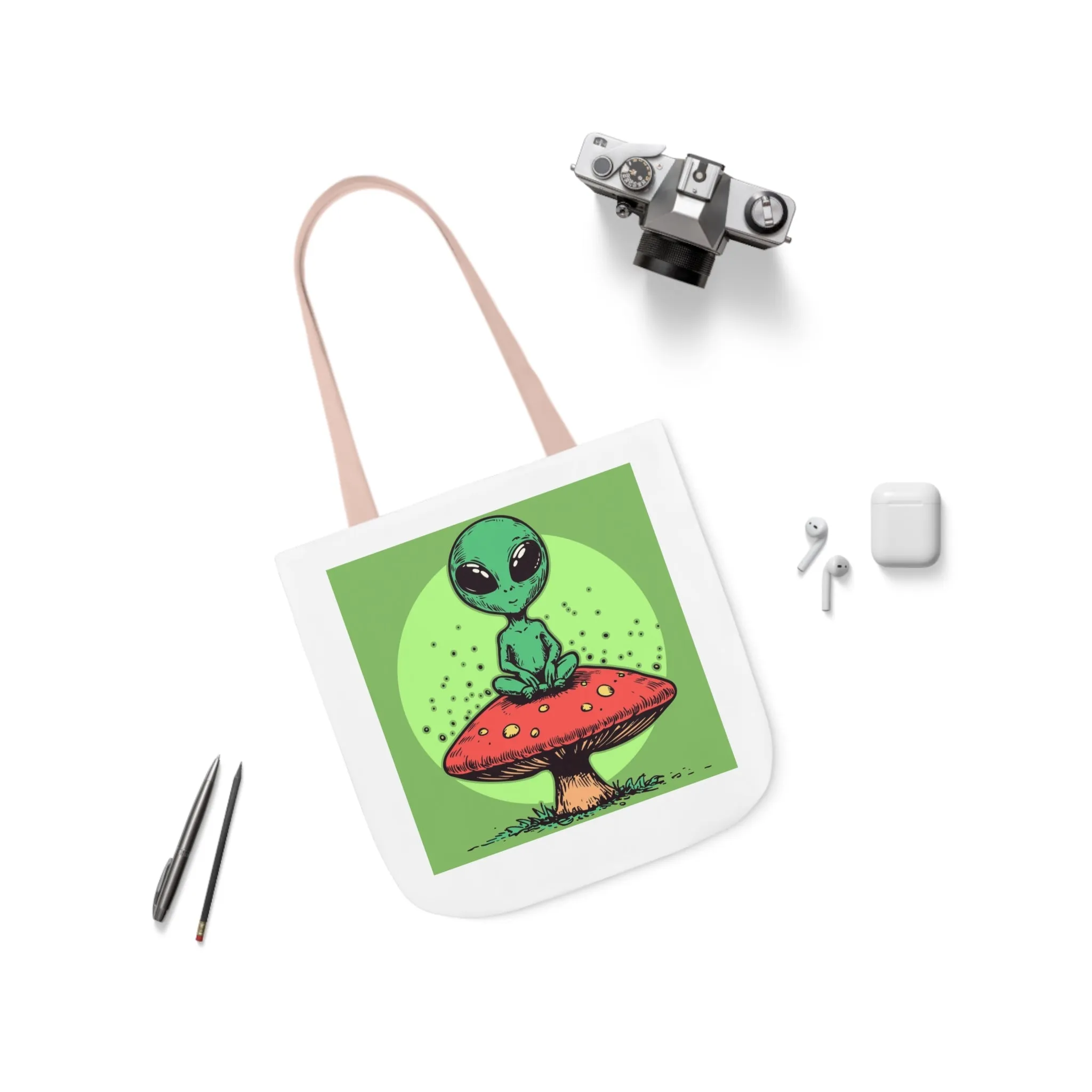 Cute Alien Shroomie Canvas Tote Bag with Colorful Straps | Perfect for Earth Day or Space Lovers