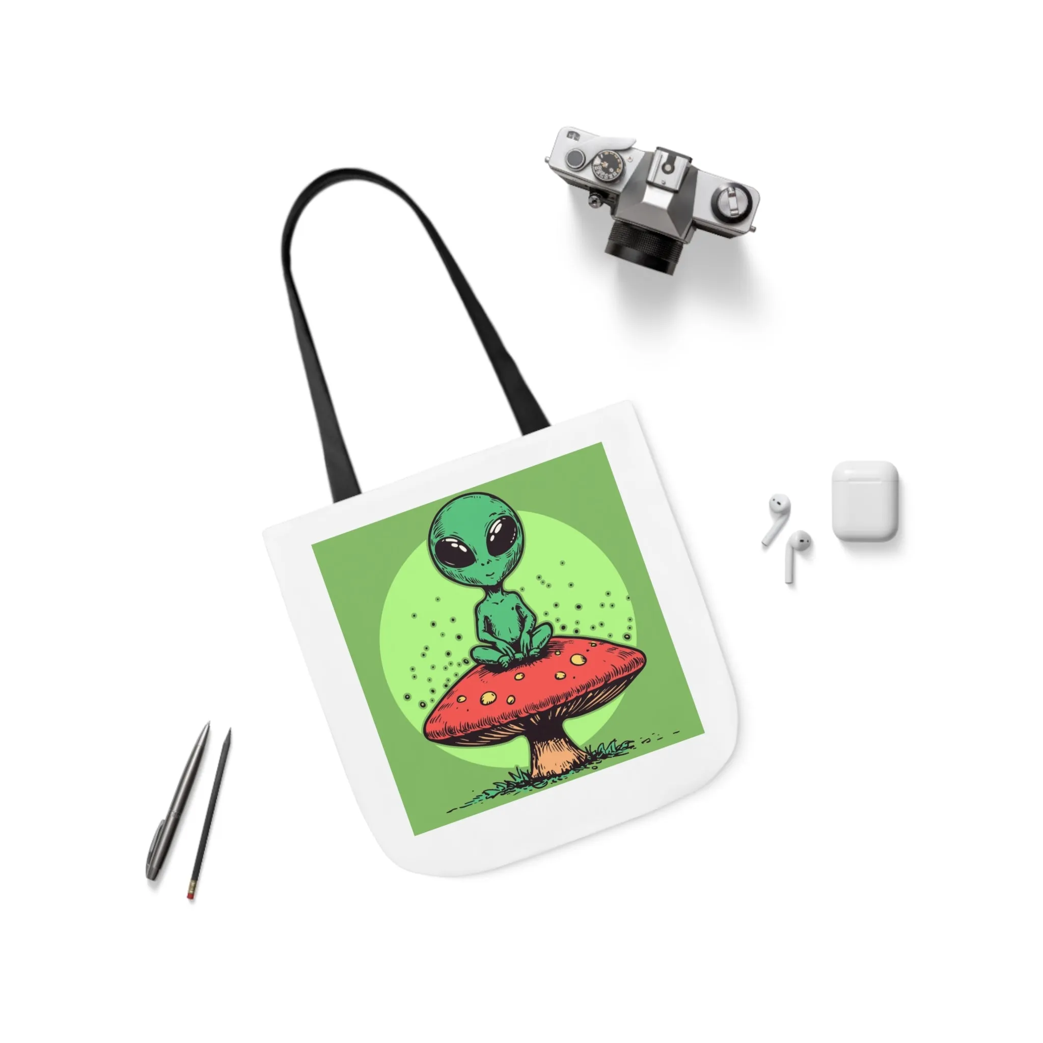 Cute Alien Shroomie Canvas Tote Bag with Colorful Straps | Perfect for Earth Day or Space Lovers