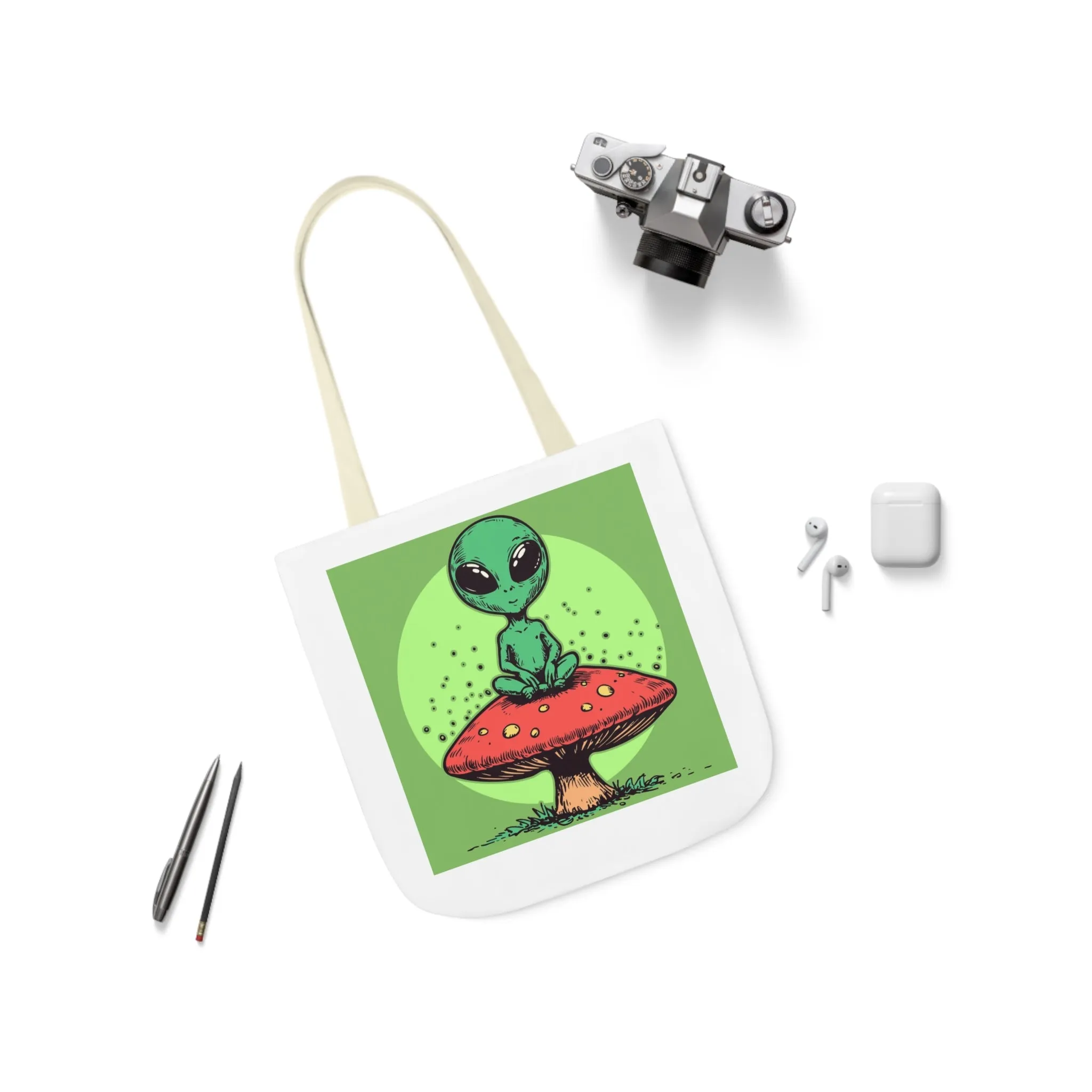 Cute Alien Shroomie Canvas Tote Bag with Colorful Straps | Perfect for Earth Day or Space Lovers