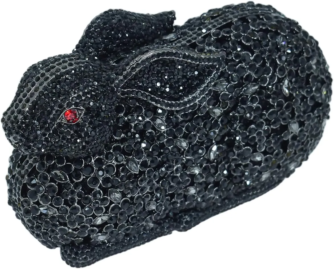 Cute Rabbit Evening Bag Bunny Rhinestone Purse Animal Crystal Clutch for Party Wedding Prom Handbag, Black