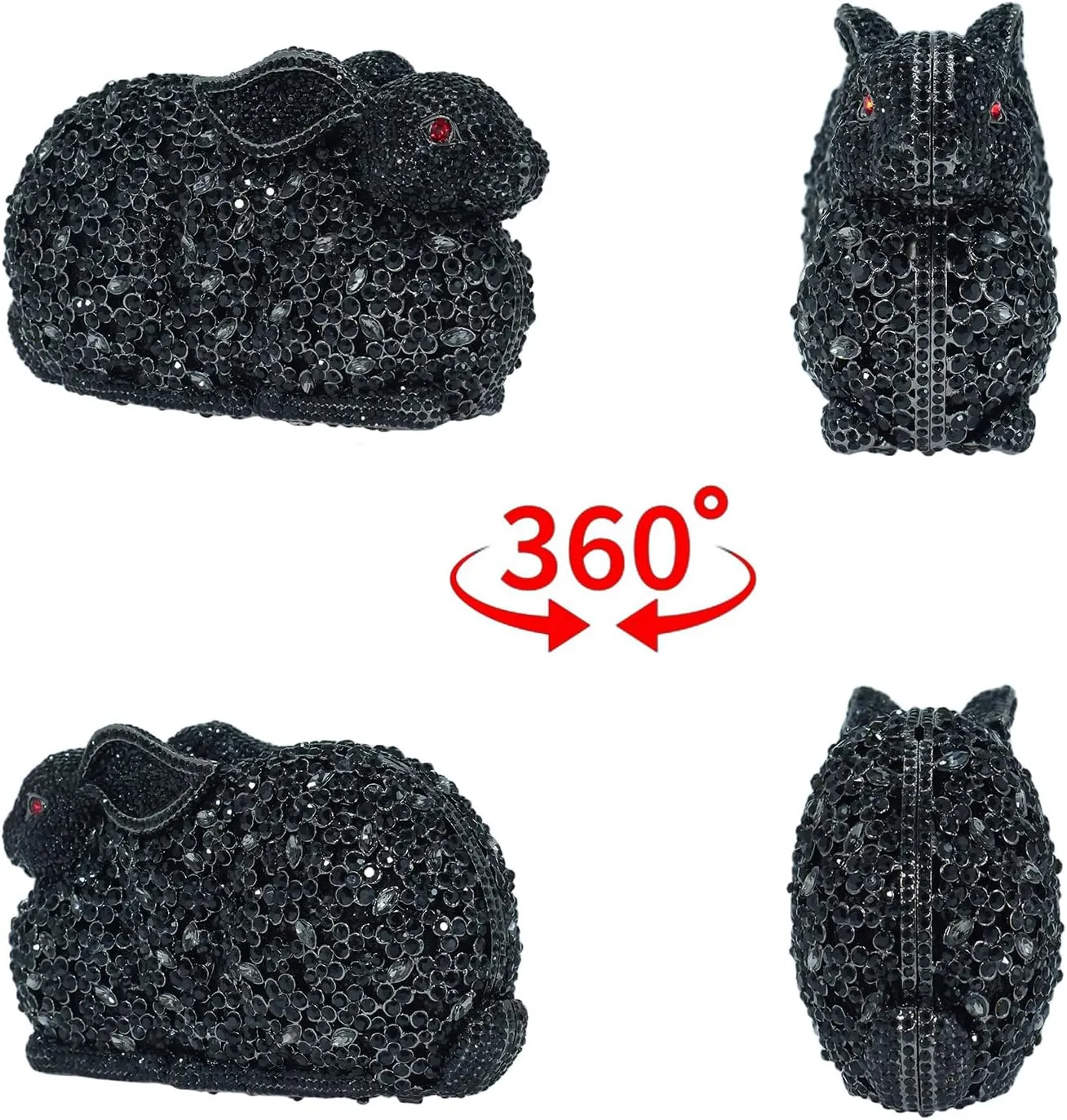 Cute Rabbit Evening Bag Bunny Rhinestone Purse Animal Crystal Clutch for Party Wedding Prom Handbag, Black