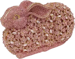 Cute Rabbit Evening Bag Bunny Rhinestone Purse Animal Crystal Clutch for Party Wedding Prom Handbag, Pink