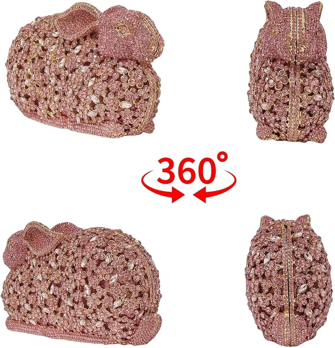 Cute Rabbit Evening Bag Bunny Rhinestone Purse Animal Crystal Clutch for Party Wedding Prom Handbag, Pink
