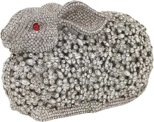 Cute Rabbit Evening Bag Bunny Rhinestone Purse Animal Crystal Clutch for Party Wedding Prom Handbag, Silver