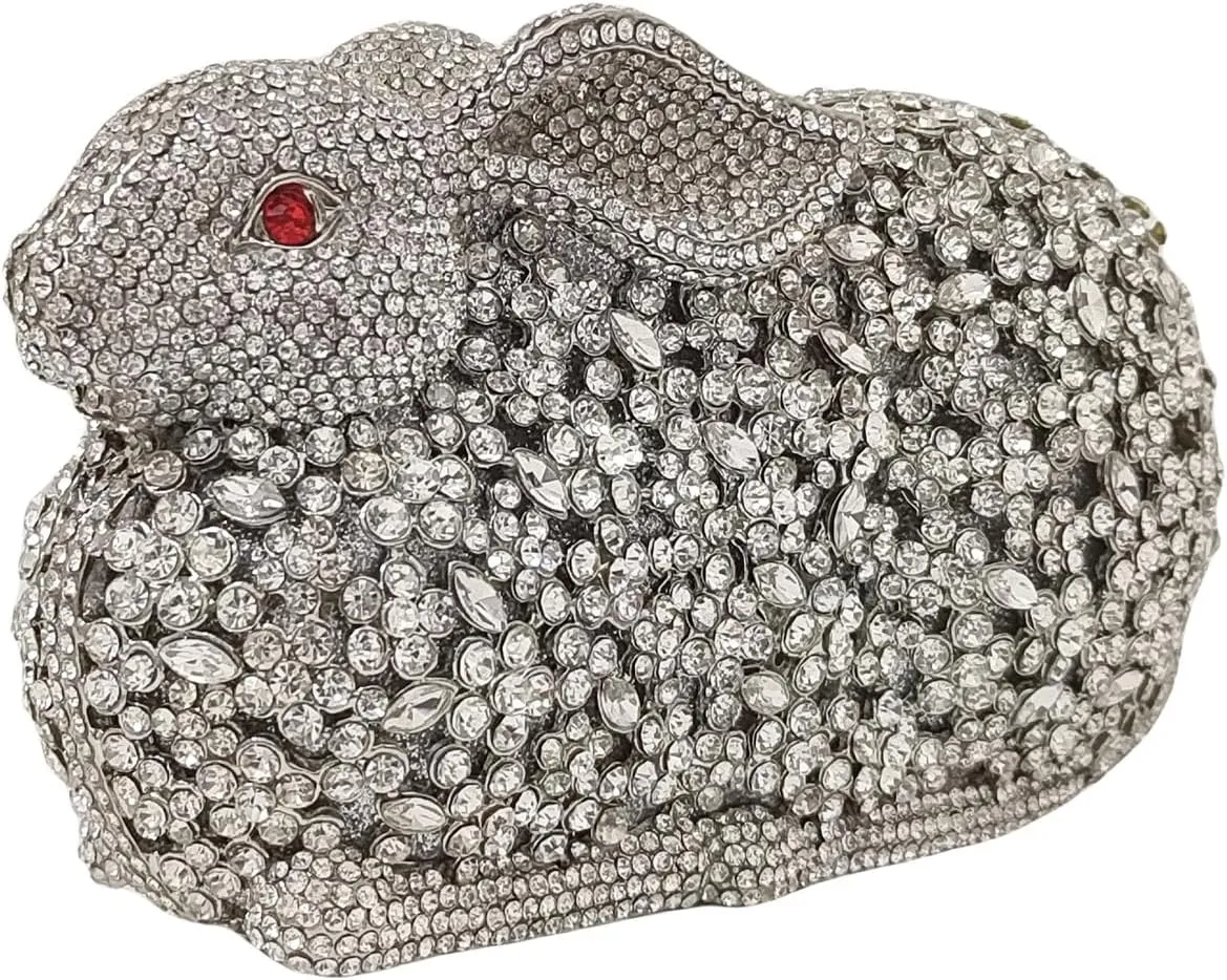 Cute Rabbit Evening Bag Bunny Rhinestone Purse Animal Crystal Clutch for Party Wedding Prom Handbag, Silver