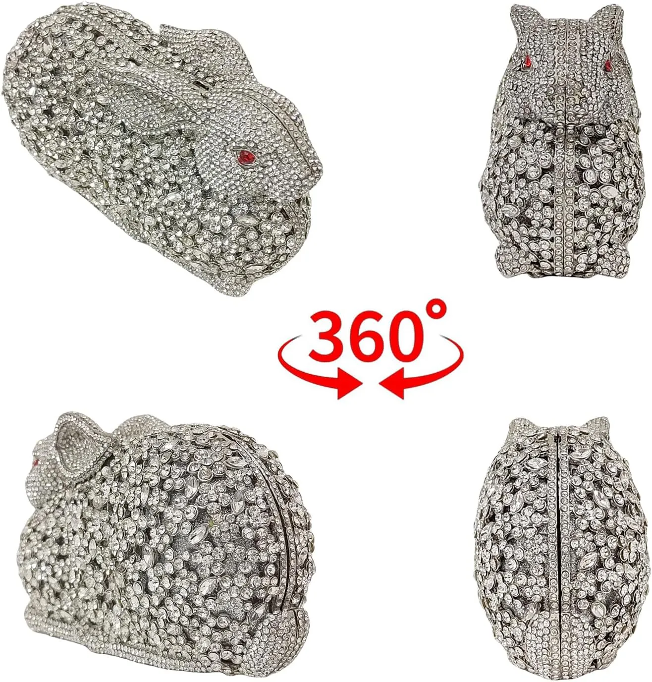 Cute Rabbit Evening Bag Bunny Rhinestone Purse Animal Crystal Clutch for Party Wedding Prom Handbag, Silver