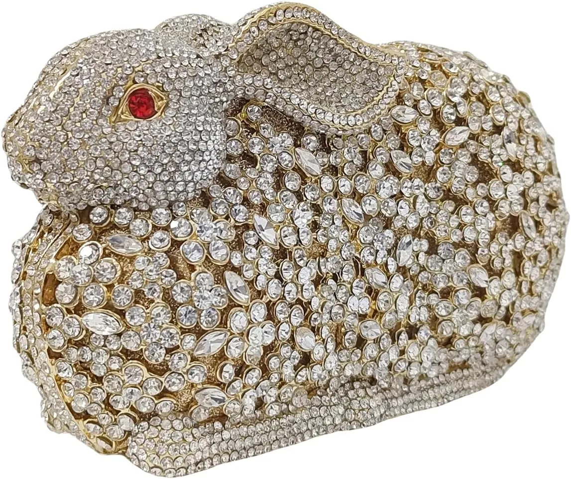 Cute Rabbit Evening Bag Bunny Rhinestone Purse Animal Crystal Clutch for Party Wedding Prom Handbag, White Gold