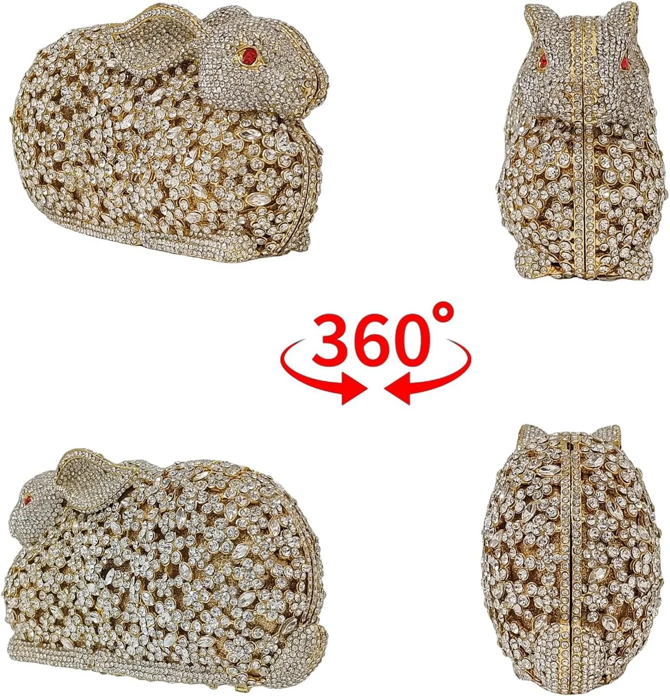 Cute Rabbit Evening Bag Bunny Rhinestone Purse Animal Crystal Clutch for Party Wedding Prom Handbag, White Gold