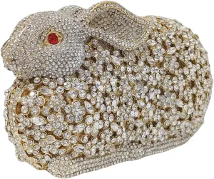 Cute Rabbit Evening Bag Bunny Rhinestone Purse Animal Crystal Clutch for Party Wedding Prom Handbag, White Gold