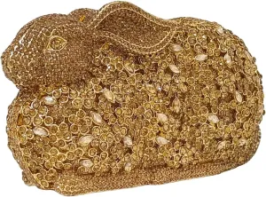 Cute Rabbit Evening Bag Bunny Rhinestone Purse Animal Crystal Clutch for Party Wedding Prom Handbag, Yellow Gold