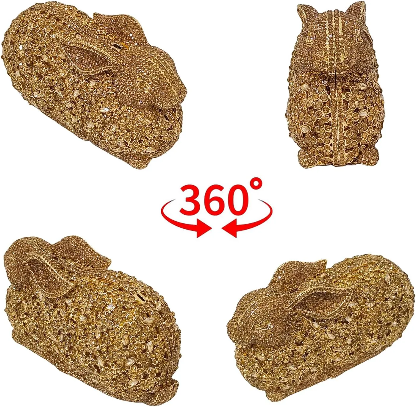 Cute Rabbit Evening Bag Bunny Rhinestone Purse Animal Crystal Clutch for Party Wedding Prom Handbag, Yellow Gold