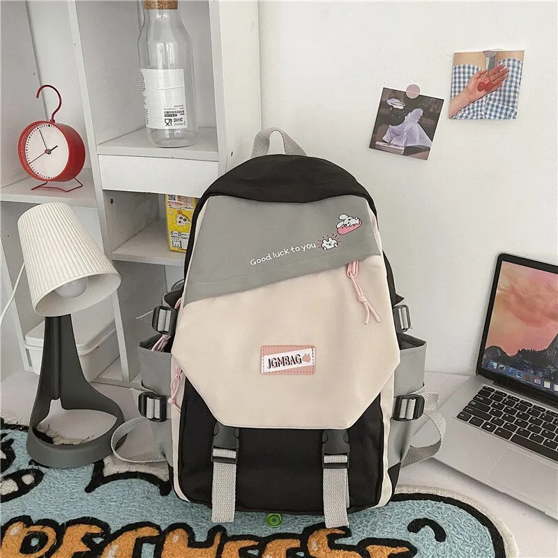 DCIMOR New Waterproof Nylon Women Backpack Female Contrast Color Cartoon Printing Buttoned Travel Bag Teenage Girl Schoolbag