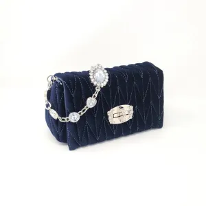 Deep Blue Velvet & Diamante Quilted Handbag