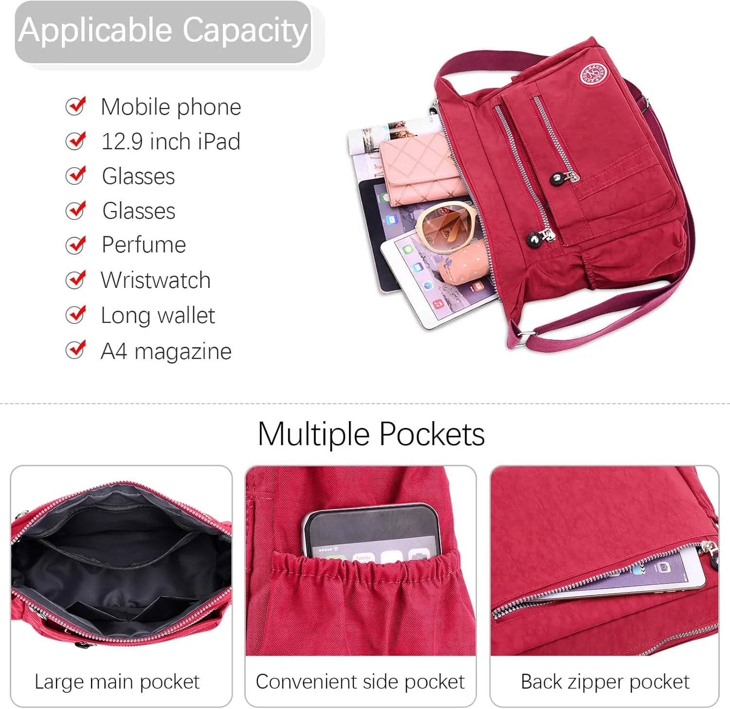 DEEVORCA Shoulder Bags Women's Casual Messenger Bag Fashion Multiple Pockets Nylon Waterproof Lightweight Shoulder Bag Daily Travel Work Shopping Shoulder Bags