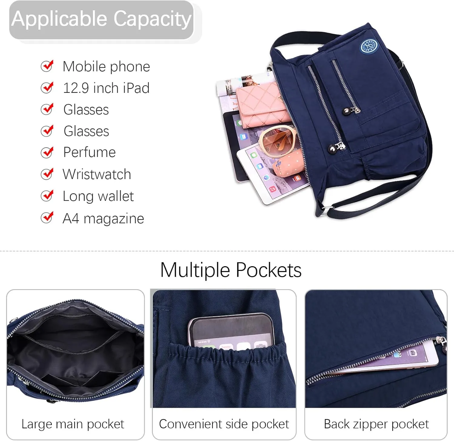 DEEVORCA Shoulder Bags Women's Casual Messenger Bag Fashion Multiple Pockets Nylon Waterproof Lightweight Shoulder Bag Daily Travel Work Shopping Shoulder Bags
