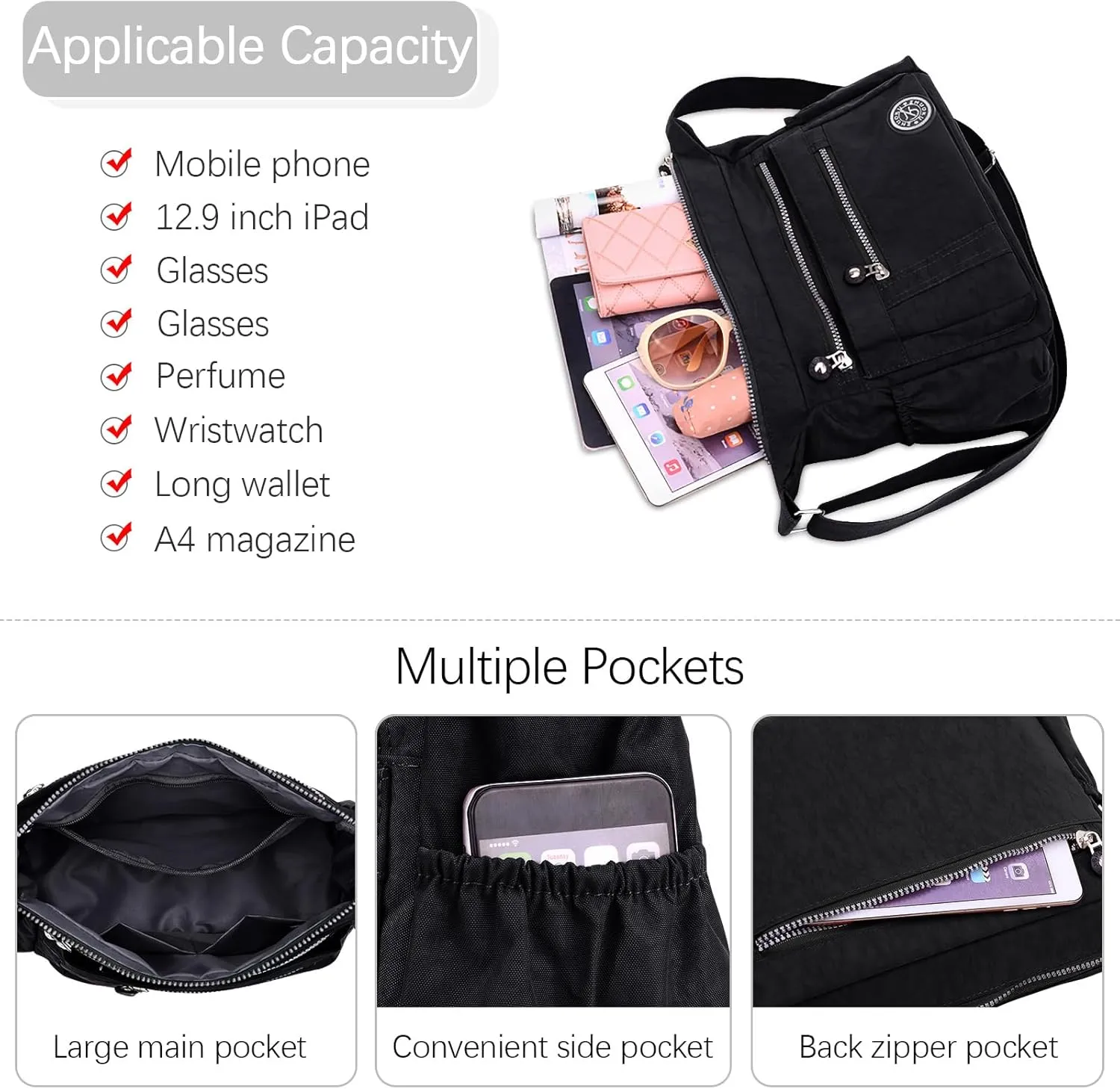 DEEVORCA Shoulder Bags Women's Casual Messenger Bag Fashion Multiple Pockets Nylon Waterproof Lightweight Shoulder Bag Daily Travel Work Shopping Shoulder Bags