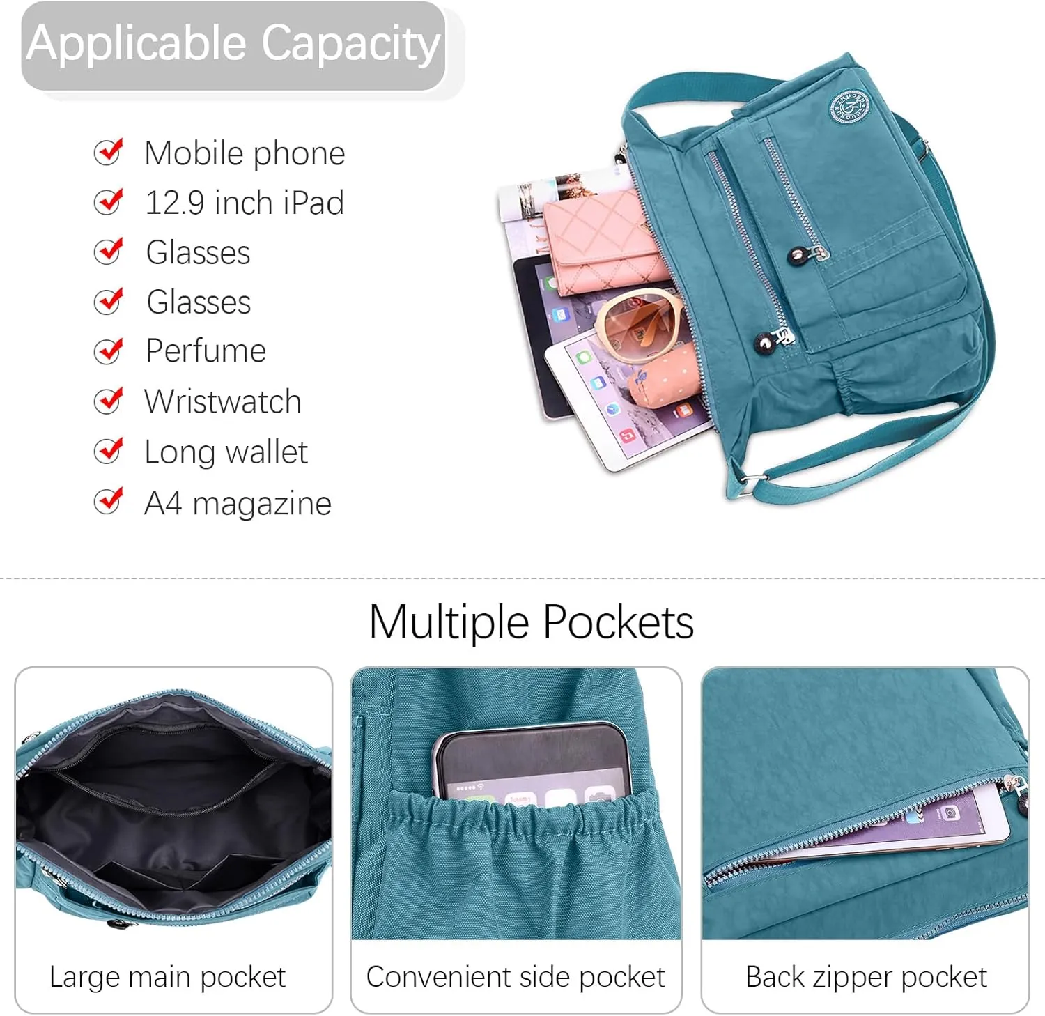 DEEVORCA Shoulder Bags Women's Casual Messenger Bag Fashion Multiple Pockets Nylon Waterproof Lightweight Shoulder Bag Daily Travel Work Shopping Shoulder Bags
