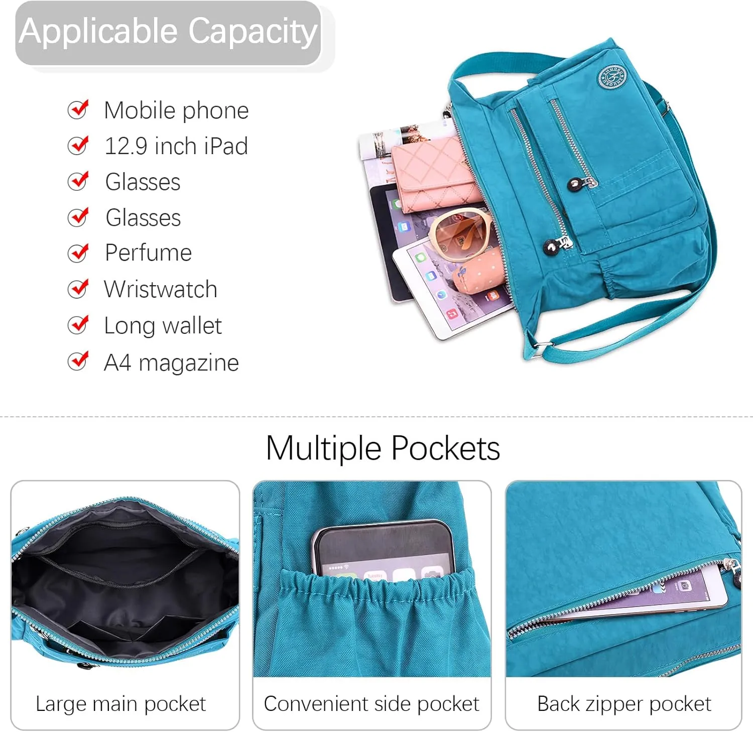 DEEVORCA Shoulder Bags Women's Casual Messenger Bag Fashion Multiple Pockets Nylon Waterproof Lightweight Shoulder Bag Daily Travel Work Shopping Shoulder Bags