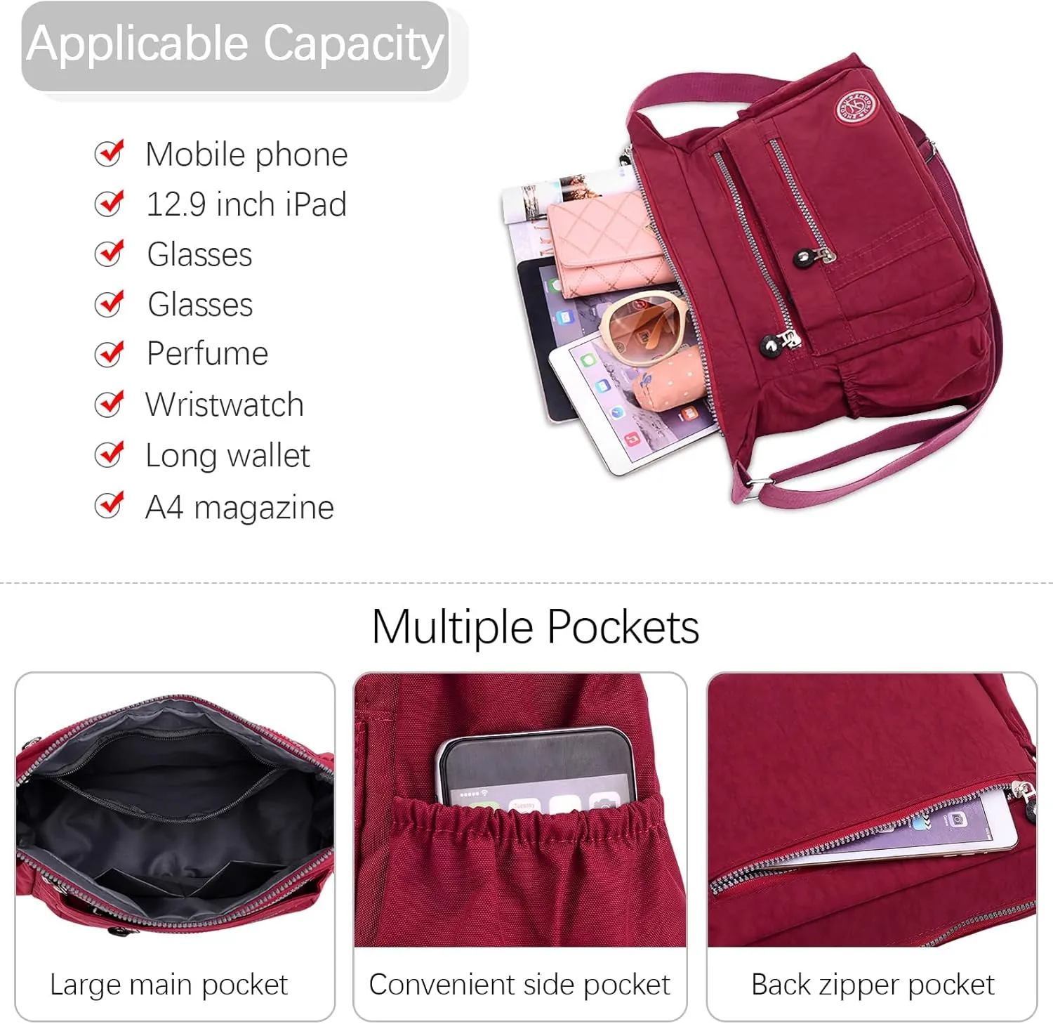 DEEVORCA Shoulder Bags Women's Casual Messenger Bag Fashion Multiple Pockets Nylon Waterproof Lightweight Shoulder Bag Daily Travel Work Shopping Shoulder Bags