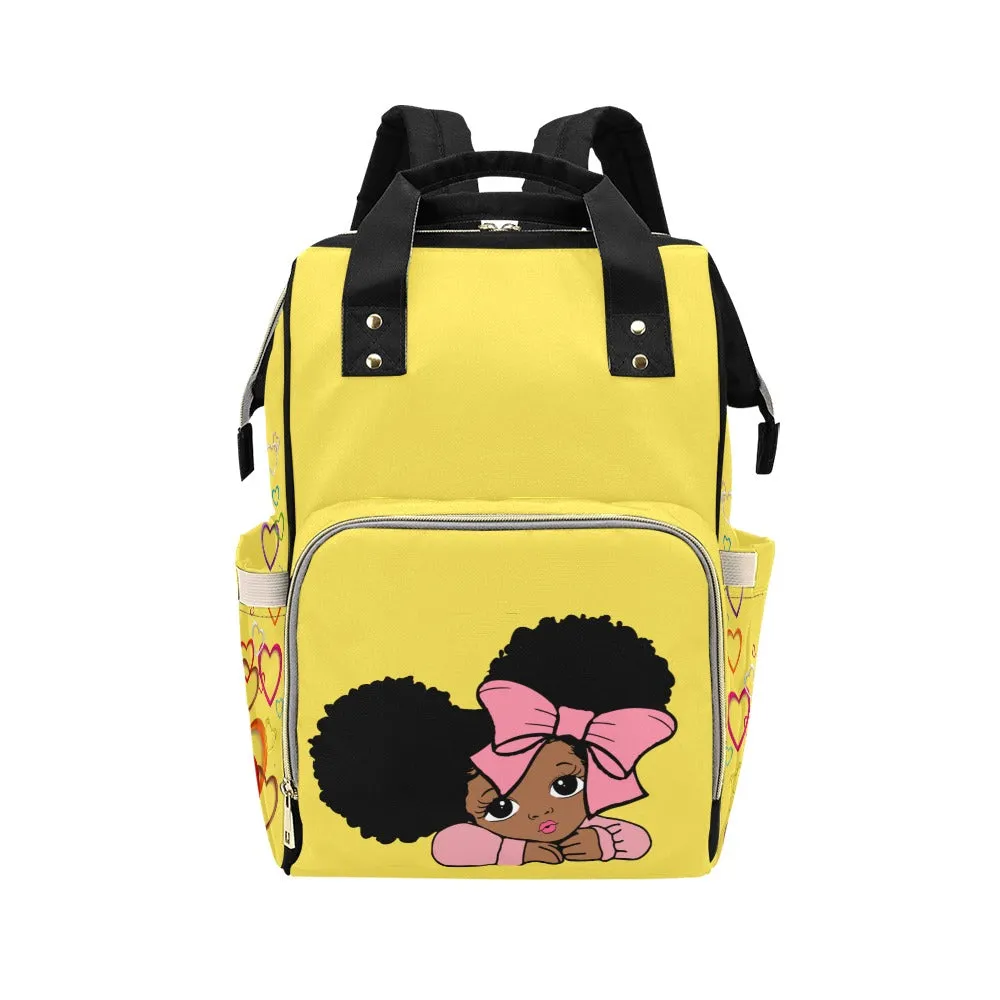 Designer Diaper Bags - African American Baby Girl With Afro Pigtails Yellow - Waterproof Multi-Function Backpack