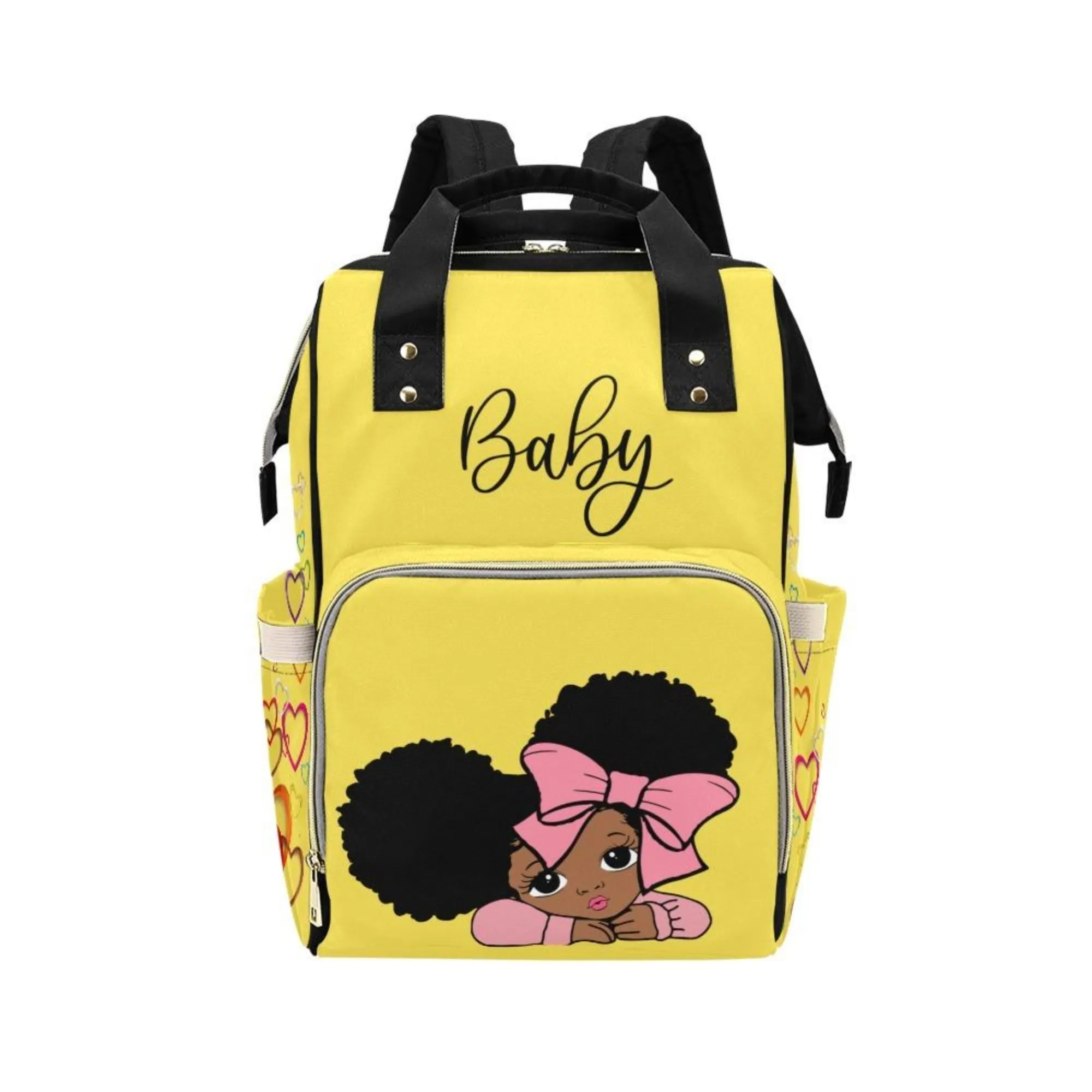 Designer Diaper Bags - African American Baby Girl With Afro Pigtails Yellow - Waterproof Multi-Function Backpack