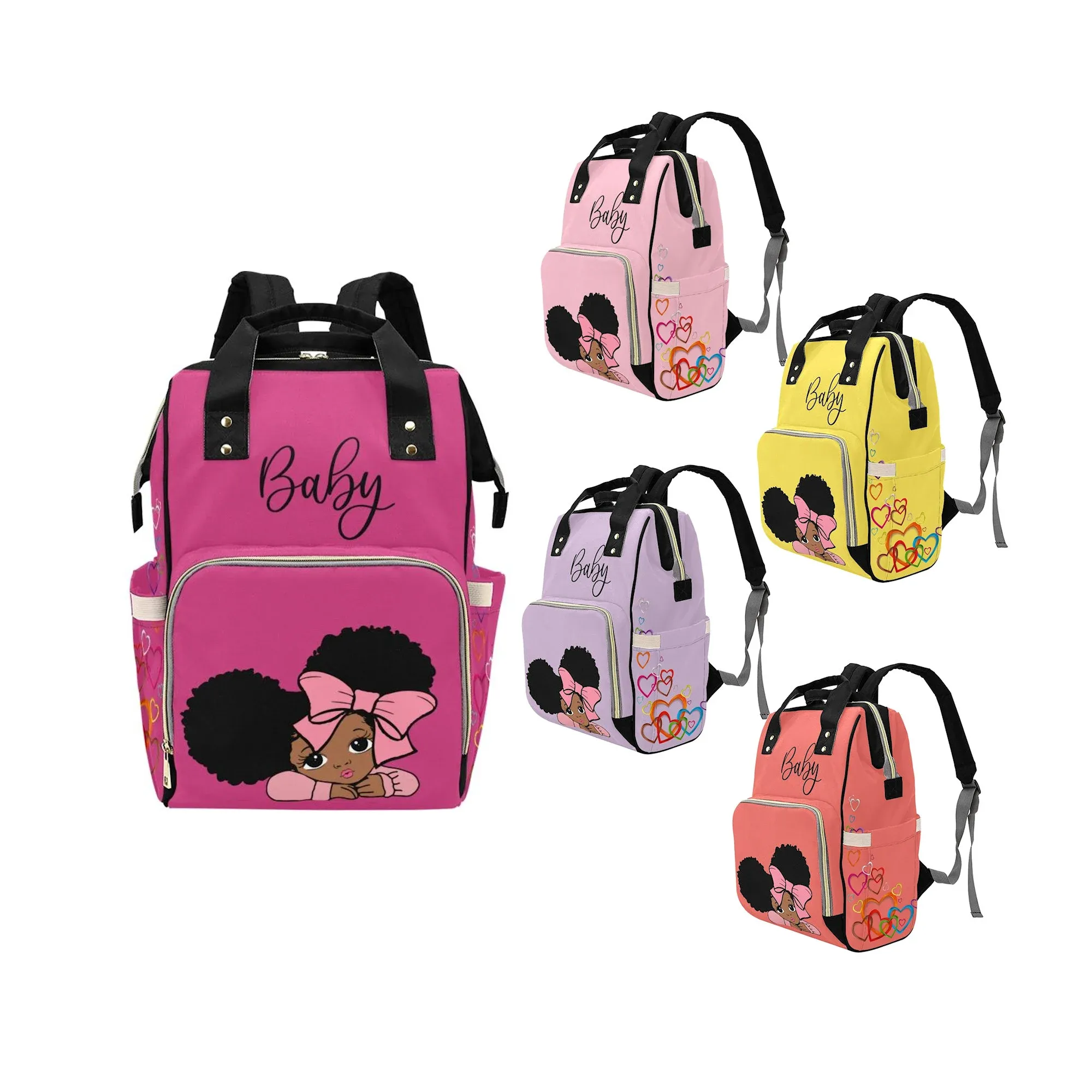 Designer Diaper Bags - African American Baby Girl With Afro Pigtails Yellow - Waterproof Multi-Function Backpack