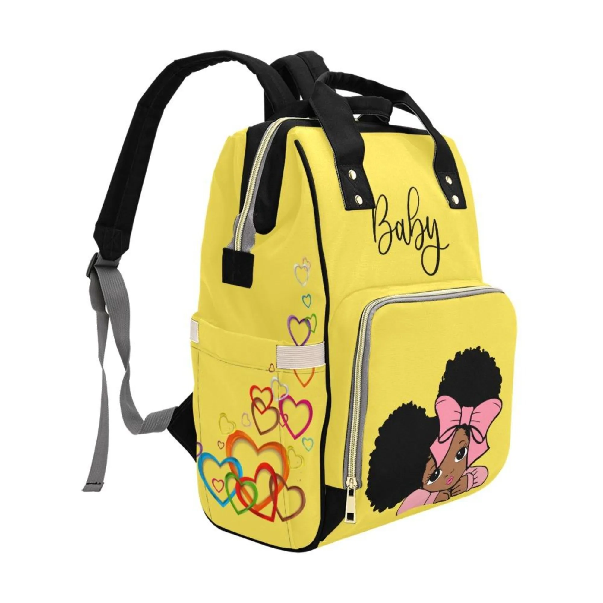 Designer Diaper Bags - African American Baby Girl With Afro Pigtails Yellow - Waterproof Multi-Function Backpack