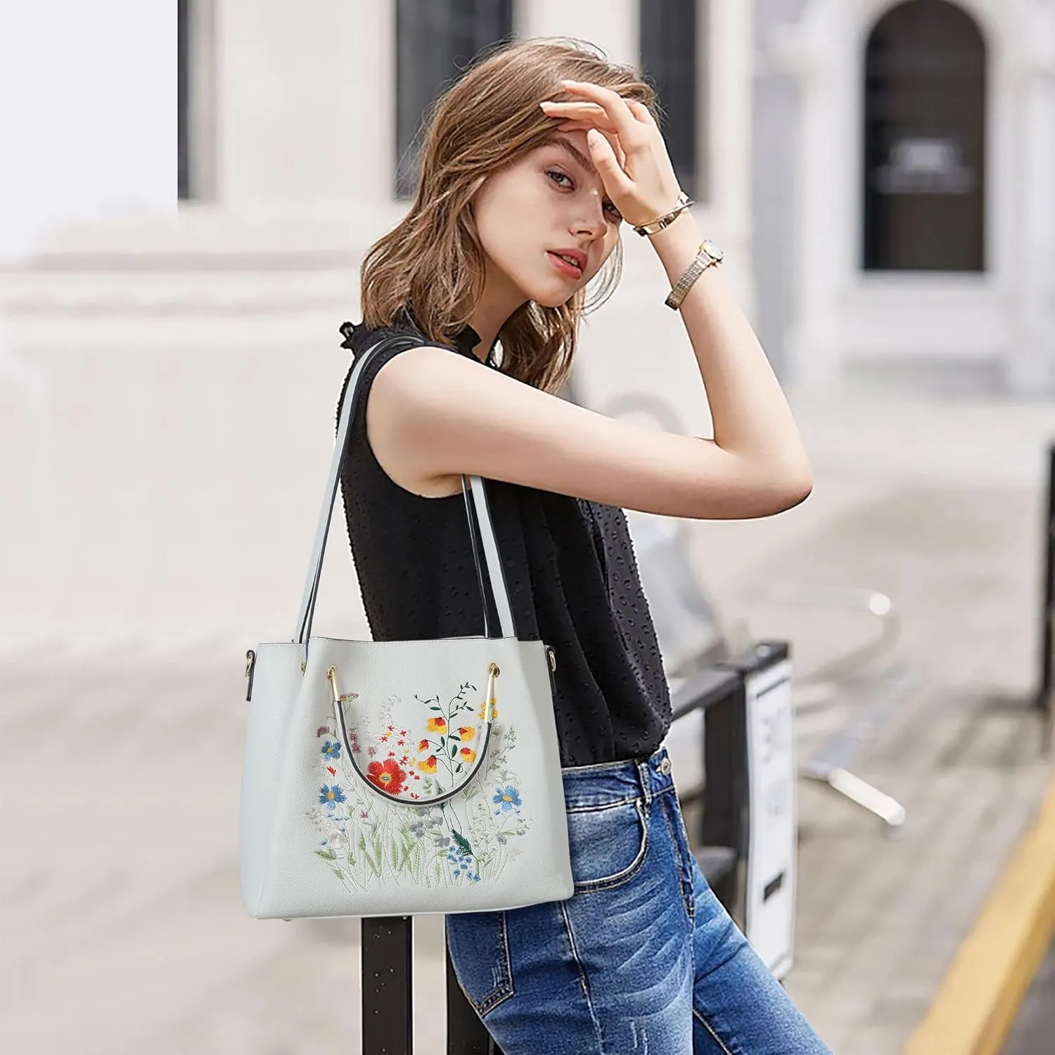 Designer Tote Bag for Women Vegan Leather Floral Embroidery Medium Shoulder Bag Work Travel
