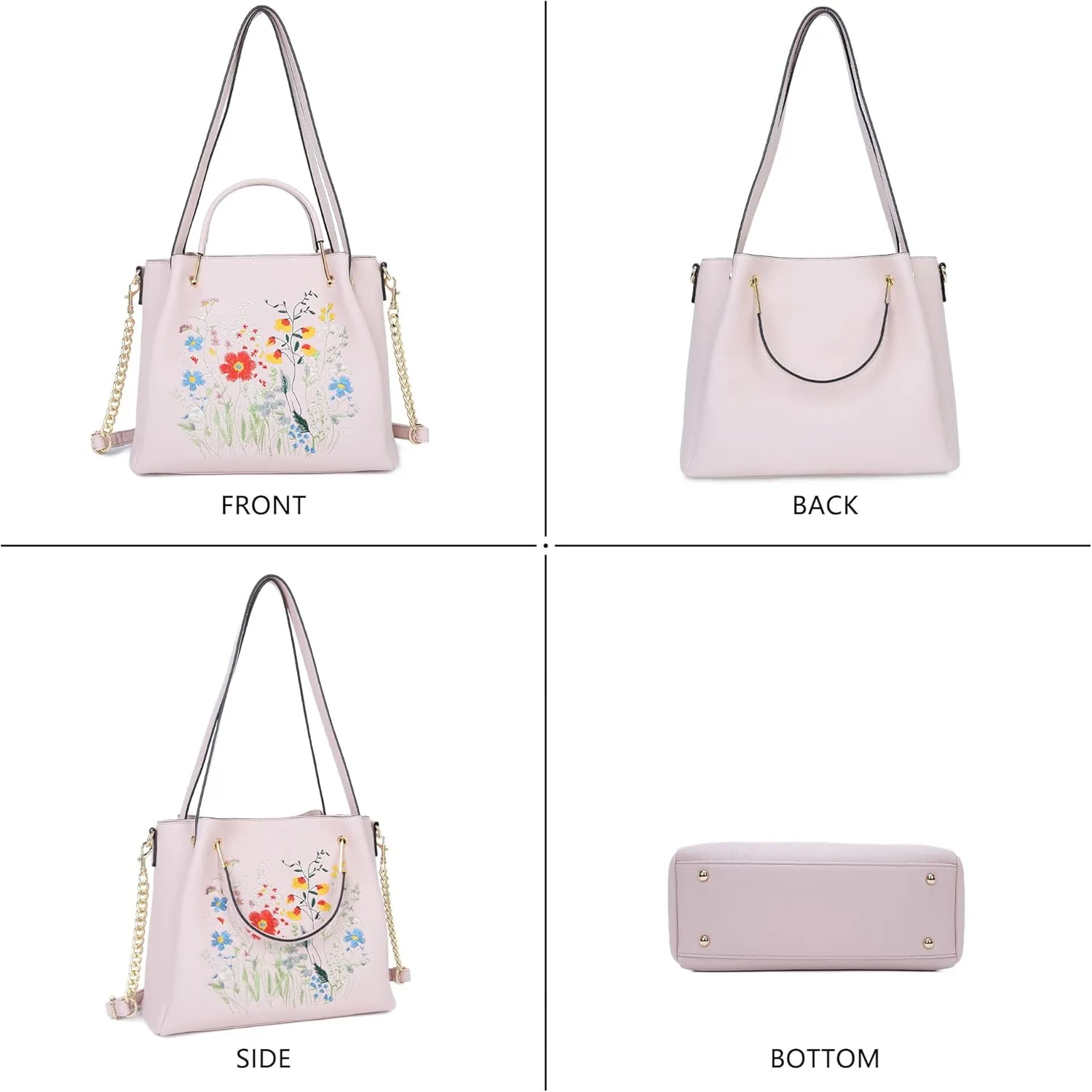 Designer Tote Bag for Women Vegan Leather Floral Embroidery Medium Shoulder Bag Work Travel