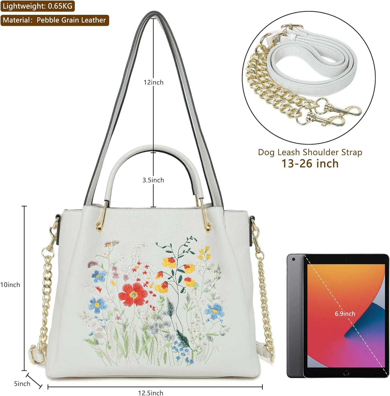 Designer Tote Bag for Women Vegan Leather Floral Embroidery Medium Shoulder Bag Work Travel