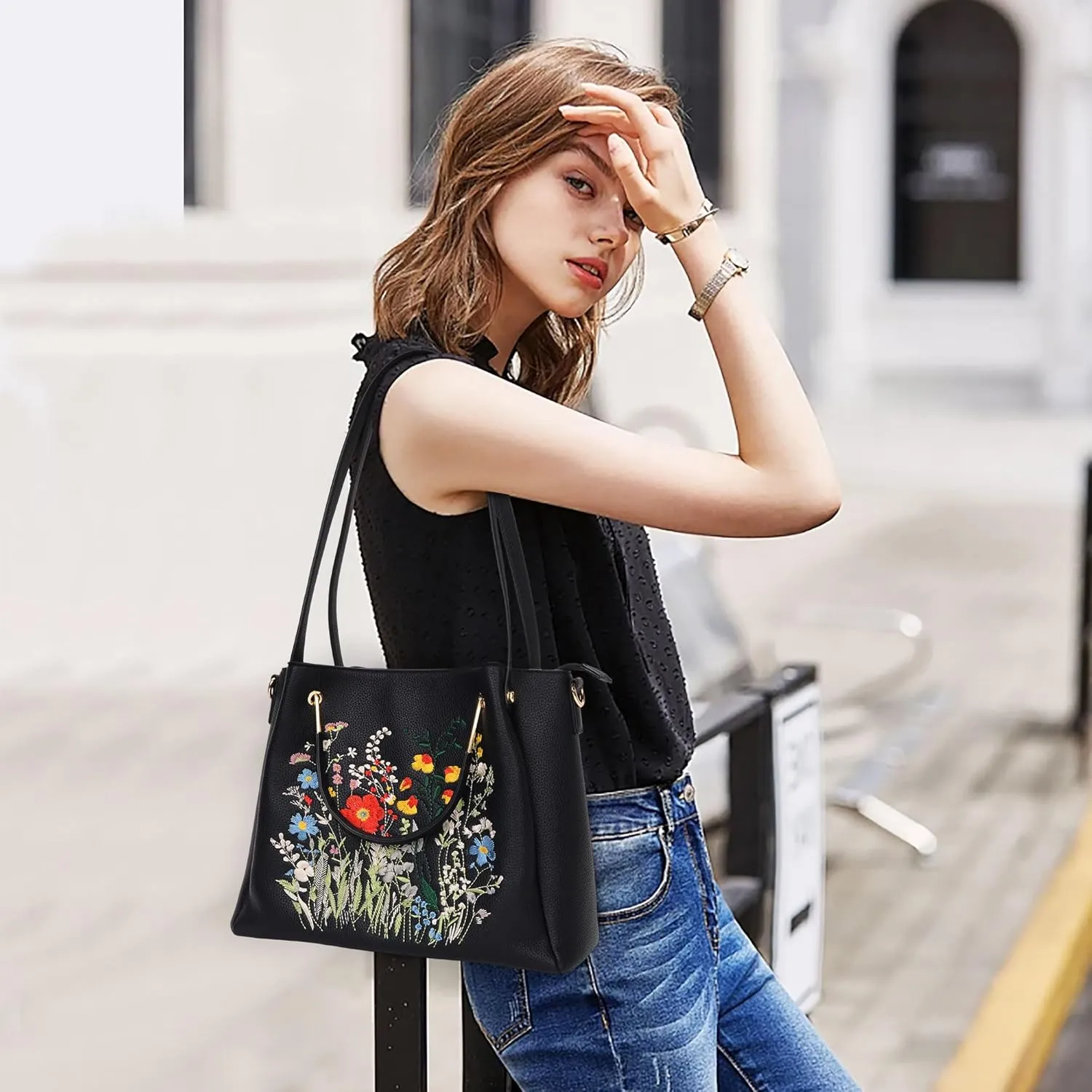 Designer Tote Bag for Women Vegan Leather Floral Embroidery Medium Shoulder Bag Work Travel