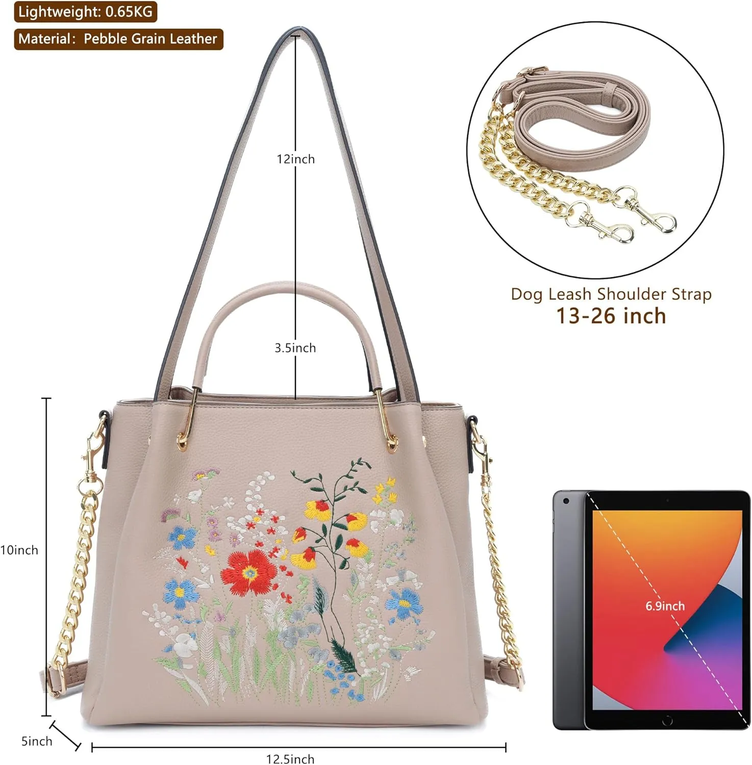 Designer Tote Bag for Women Vegan Leather Floral Embroidery Medium Shoulder Bag Work Travel