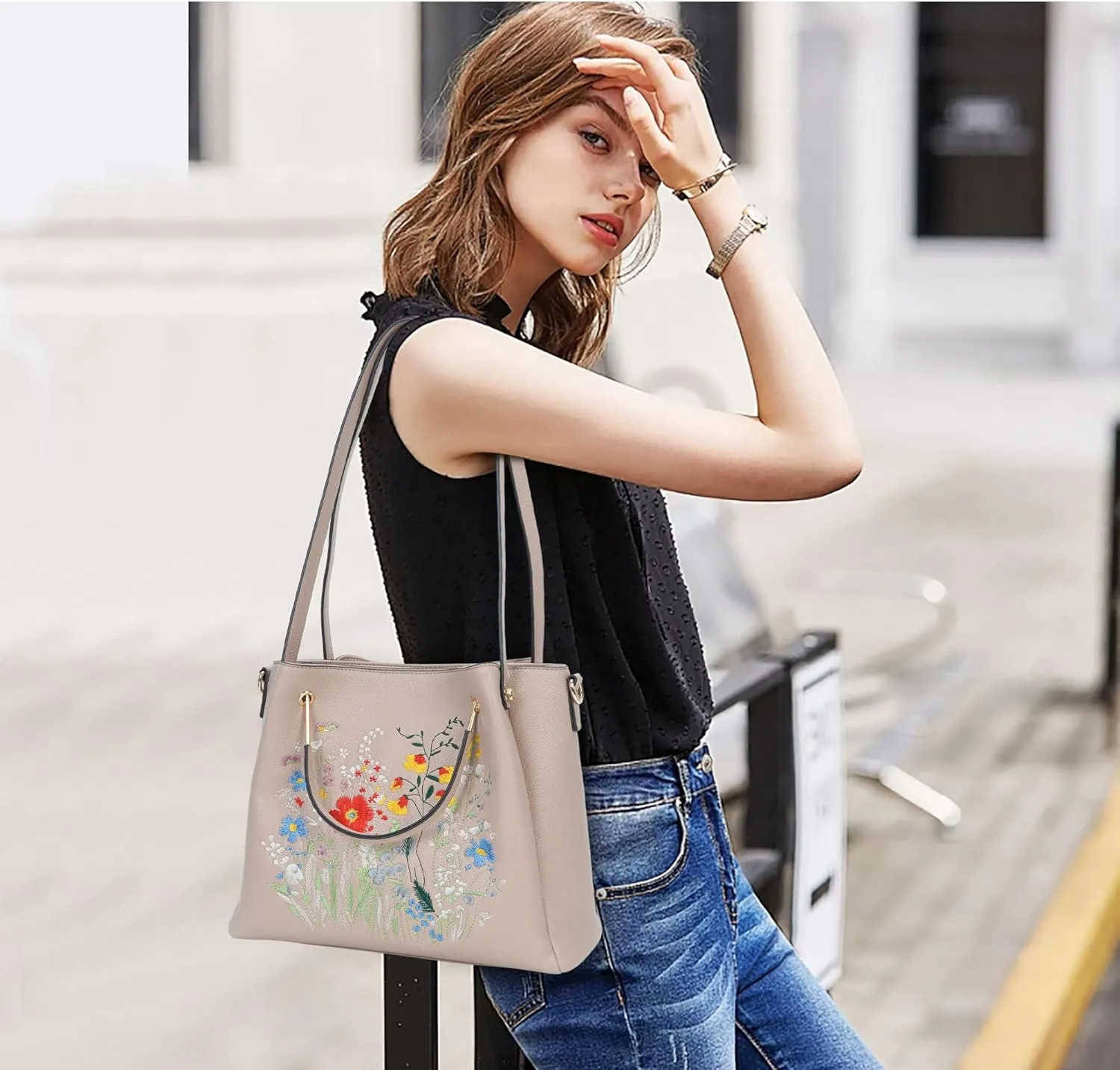 Designer Tote Bag for Women Vegan Leather Floral Embroidery Medium Shoulder Bag Work Travel