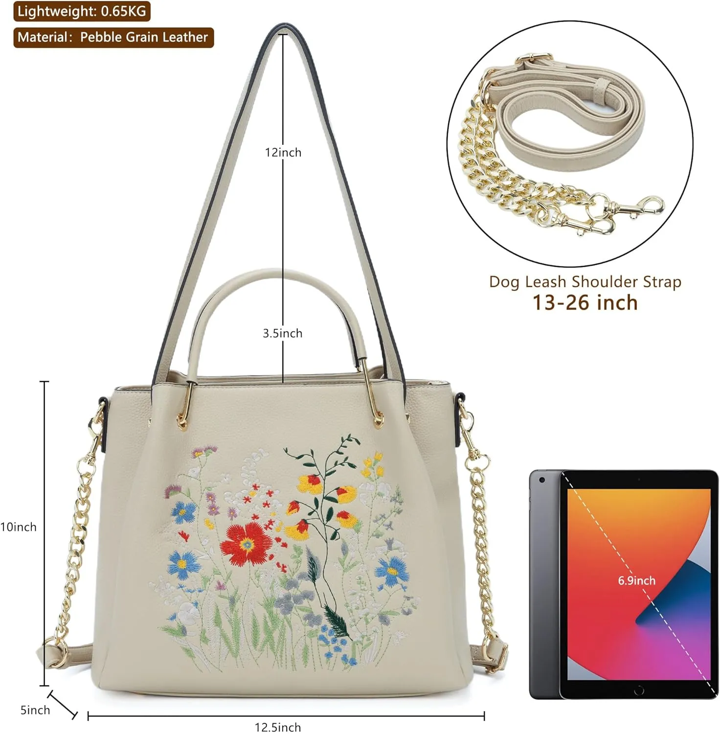Designer Tote Bag for Women Vegan Leather Floral Embroidery Medium Shoulder Bag Work Travel