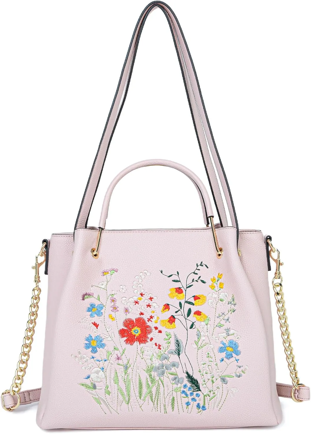 Designer Tote Bag for Women Vegan Leather Floral Embroidery Medium Shoulder Bag Work Travel