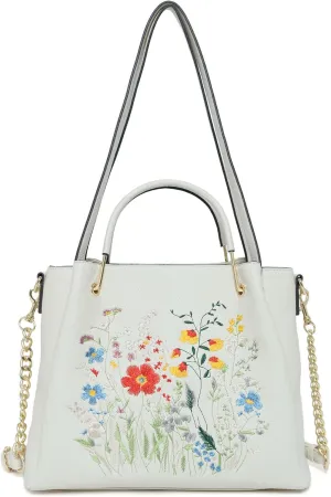 Designer Tote Bag for Women Vegan Leather Floral Embroidery Medium Shoulder Bag Work Travel