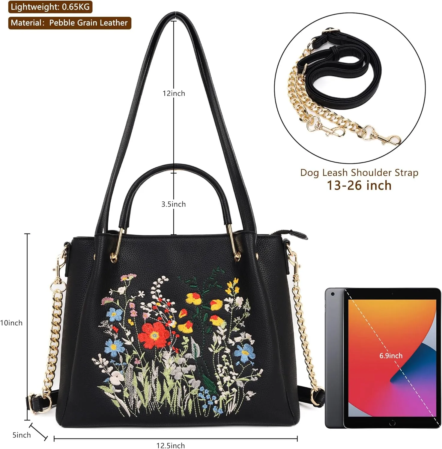 Designer Tote Bag for Women Vegan Leather Floral Embroidery Medium Shoulder Bag Work Travel