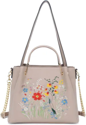 Designer Tote Bag for Women Vegan Leather Floral Embroidery Medium Shoulder Bag Work Travel