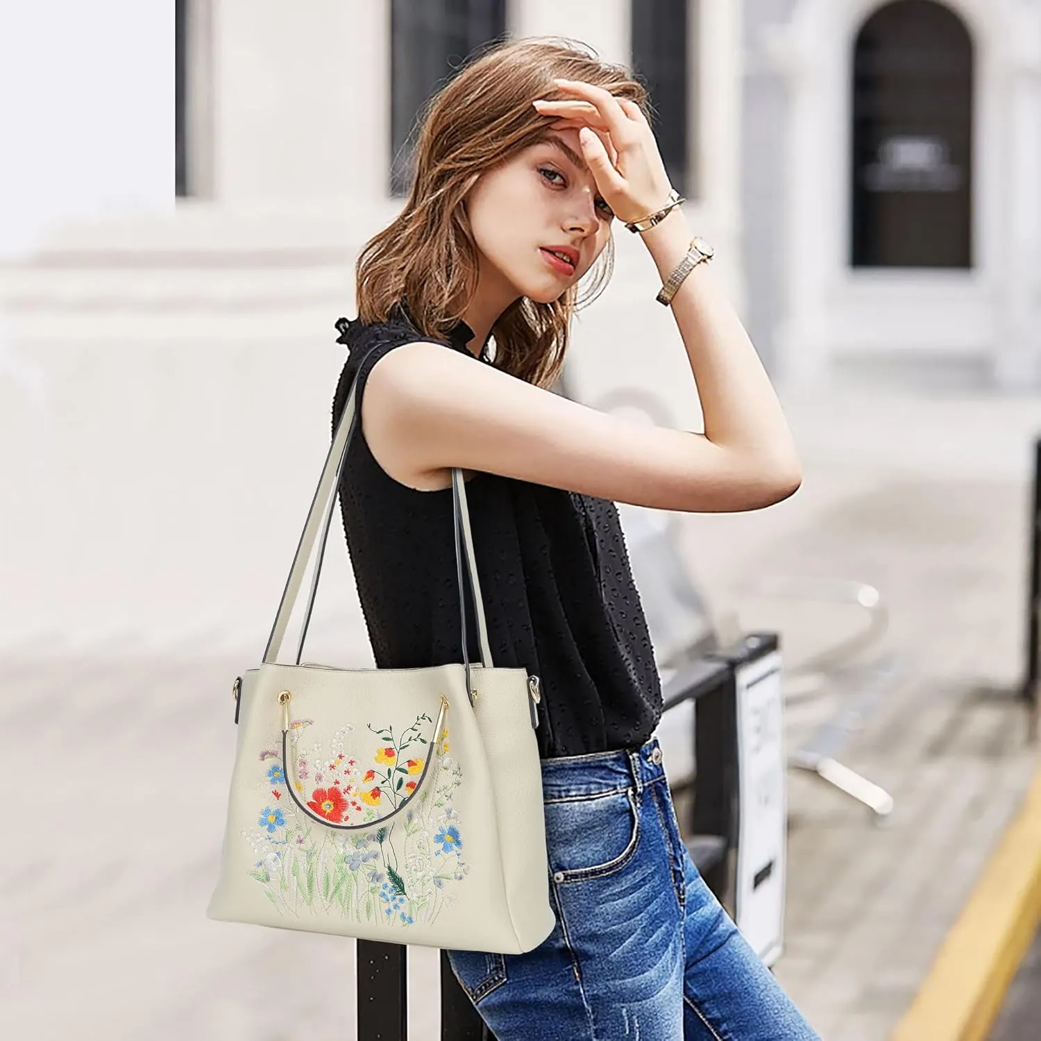 Designer Tote Bag for Women Vegan Leather Floral Embroidery Medium Shoulder Bag Work Travel
