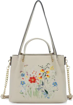 Designer Tote Bag for Women Vegan Leather Floral Embroidery Medium Shoulder Bag Work Travel