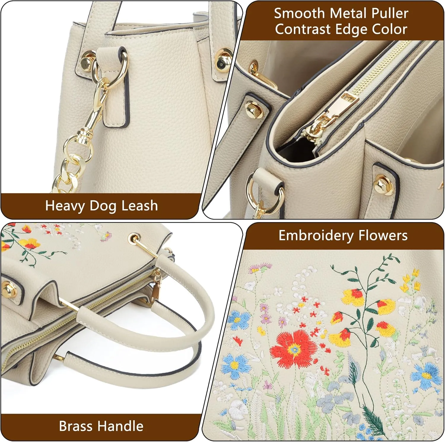 Designer Tote Bag for Women Vegan Leather Floral Embroidery Medium Shoulder Bag Work Travel