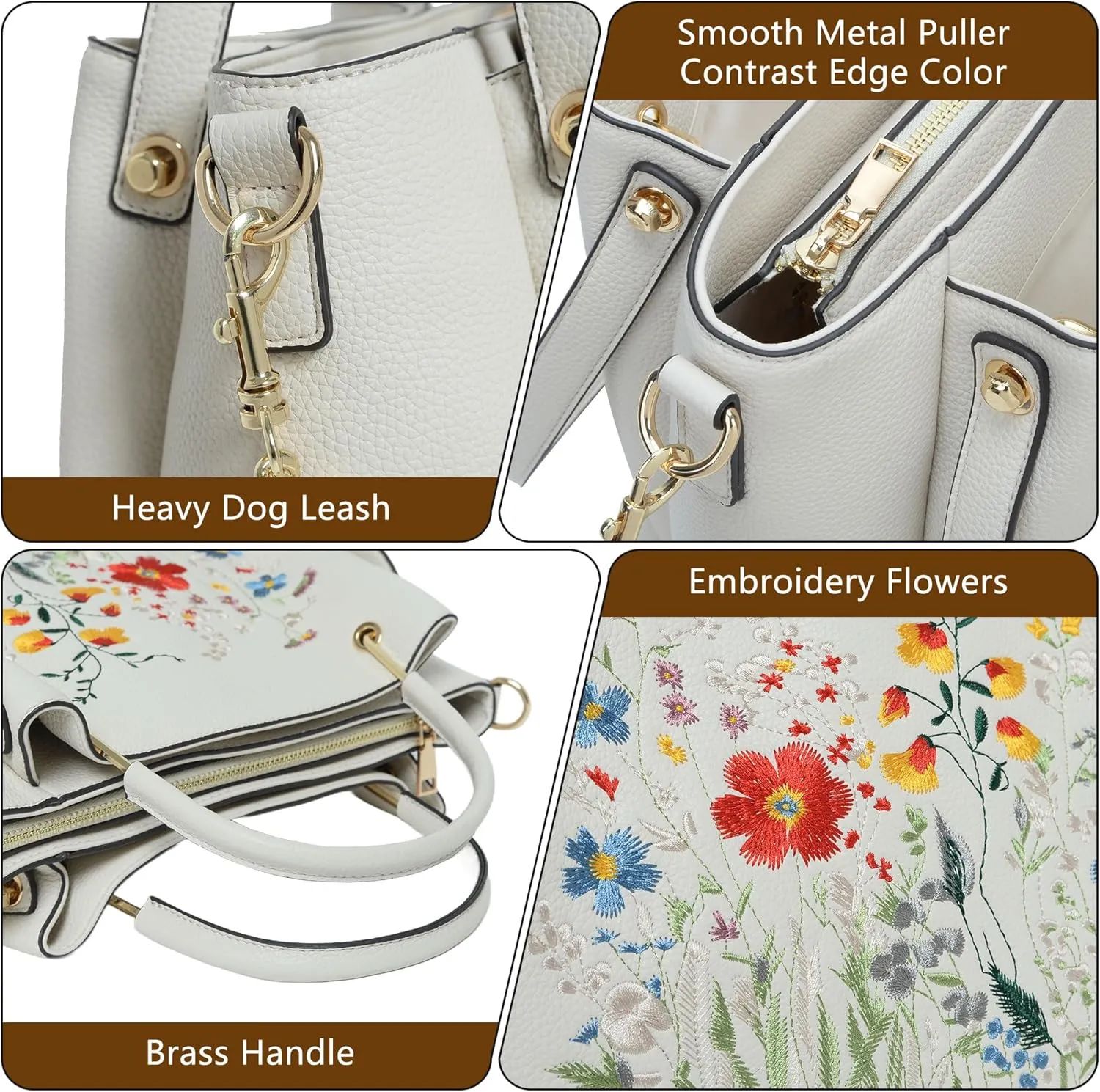 Designer Tote Bag for Women Vegan Leather Floral Embroidery Medium Shoulder Bag Work Travel