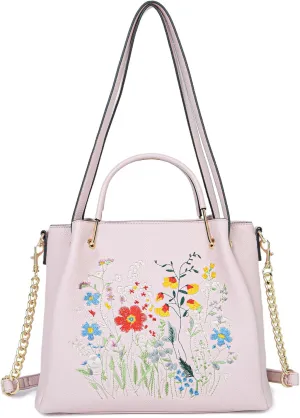 Designer Tote Bag for Women Vegan Leather Floral Embroidery Medium Shoulder Bag Work Travel