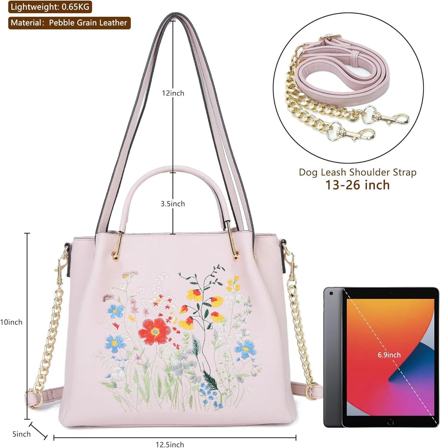 Designer Tote Bag for Women Vegan Leather Floral Embroidery Medium Shoulder Bag Work Travel
