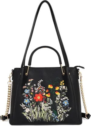Designer Tote Bag for Women Vegan Leather Floral Embroidery Medium Shoulder Bag Work Travel