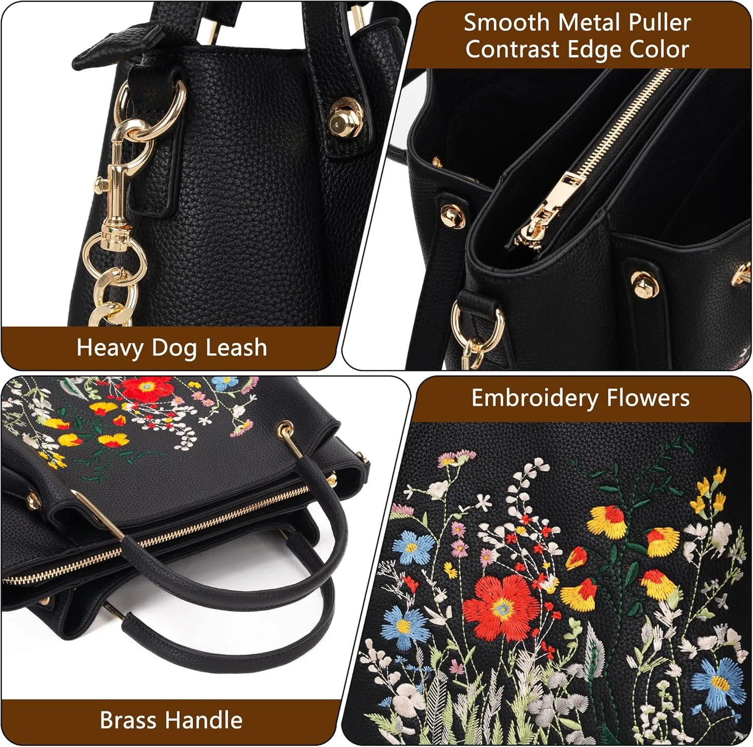 Designer Tote Bag for Women Vegan Leather Floral Embroidery Medium Shoulder Bag Work Travel